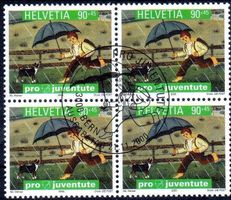 HELVETIA 2000 KNABE MIT SCHIRM 4ERBLOCK AUSGABETAG - S211