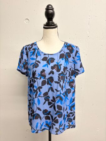 Hugo Kurzarm Bluse Gr. 36 aus Seide blau Blumen gemustert