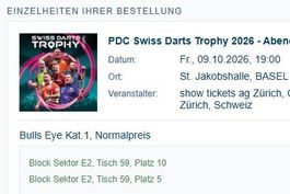 2 Tickets für die PDC Swiss Darts Trophy 2026 09.10.2026