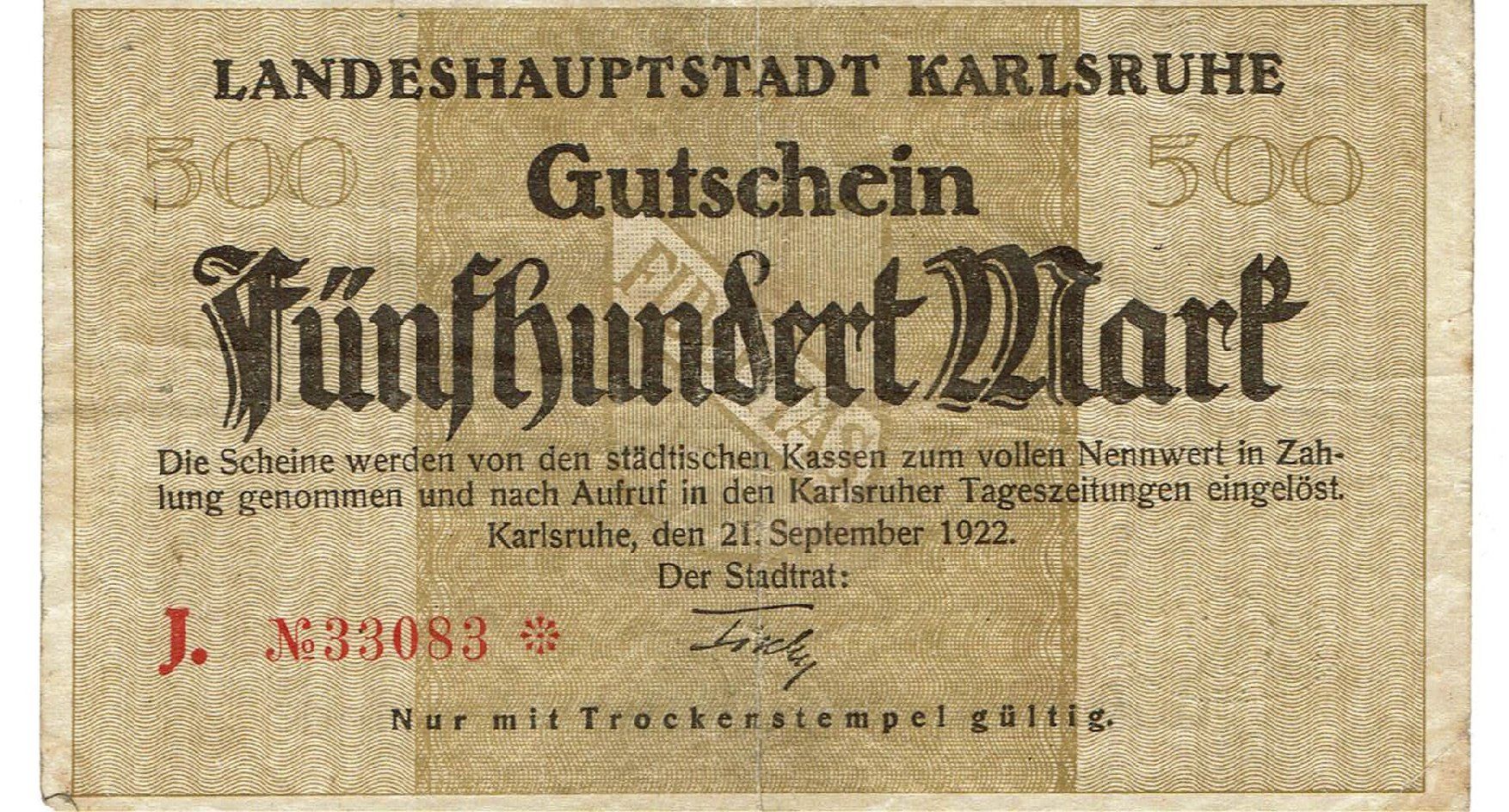 Banconote: Karlsruhe 500 Mark 21.09.1922 SS++ – Usato da Steffisburg venduto da ber_8htf