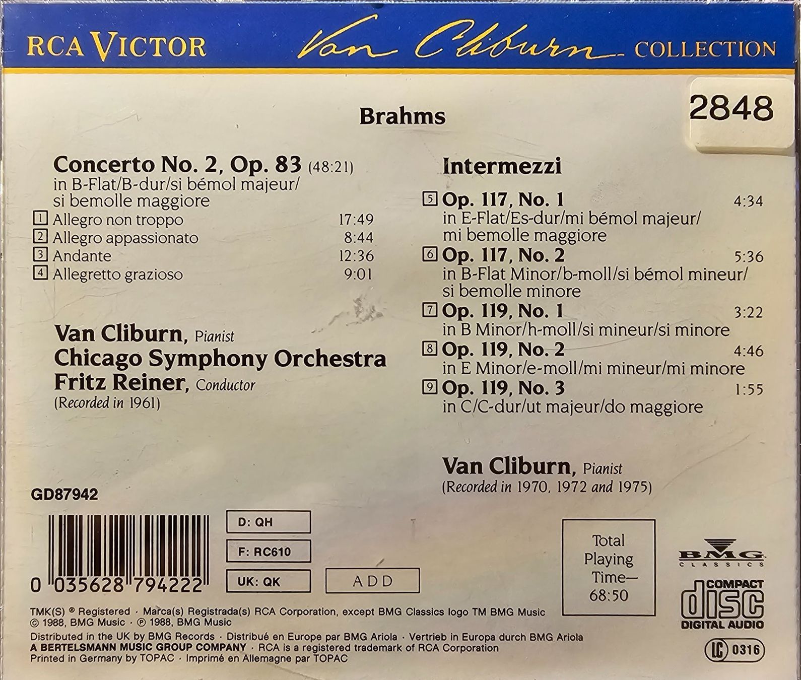 CD: Brahms, Van Cliburn - Concerto No. 2 - 5 Intermezzi – Usato da Wahlen b. Laufen venduto da Cg10 1