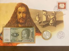 Banknotenbrief Deutschland mit 5 Mark Note und Münze