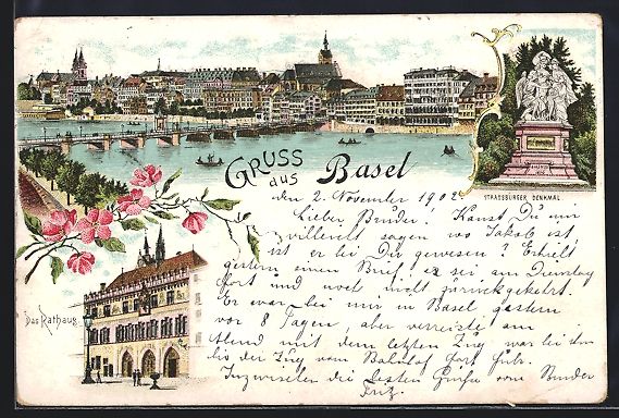Cartoline postali: Litho Basel, Ortsansicht mit Rheinbrück – Usato da Berlin venduto da bartko-reher