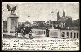 AK Basel, Die Wittstein-Brücke mit Pferdekutsche