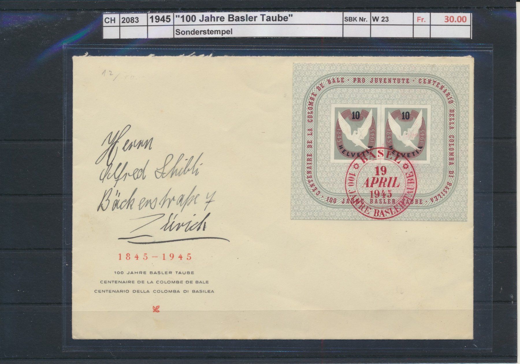 Tutti i francobolli: 1945 "100 Jahre Basler Taube" - Block, Sonderstempel – Usato da Winterthur venduto da Zupogeru