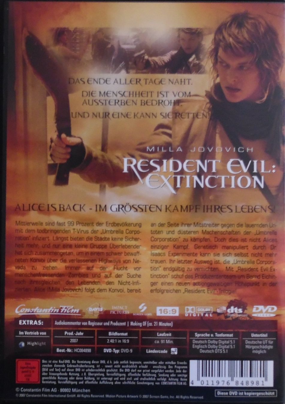 Tutti i DVDs: Resident Evil : Extinction – Usato da Bellinzona venduto da Luna093 2