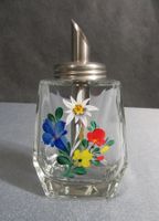 Zuckerstreuer aus Glas • Alpenblumenmotiv • Tirol-Aufschrift