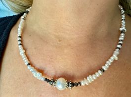 Halskette/Collier 6 ct schwarze Diamanten, Perlen, Silber