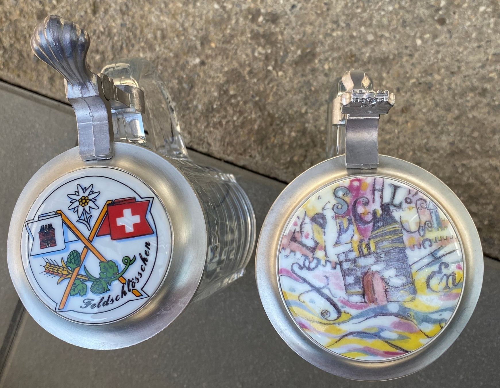Feldschlösschen Bicchieri: 2 Bierkrüge mit Zinndeckel, Feldschlösschen – Usato da Däniken SO venduto da dan_7qwn