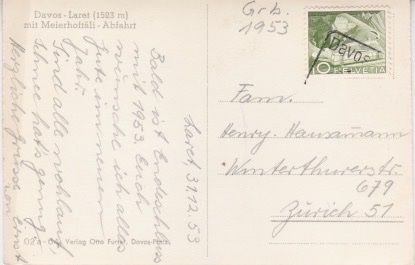 Cartoline postali: Davos - Laren mit Meierhoftäli - Abfahrt. 1953 – Usato da Schlieren venduto da Rapaelli 1
