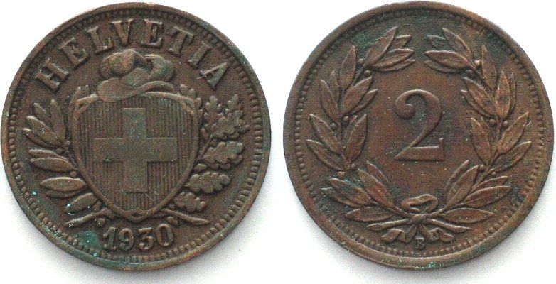 Tutti le monete: Schweiz EIDGENOSSENSCHAFT 2 Rappen 1930 Bronze vz – Usato da Riehen venduto da sesambestcoins2004