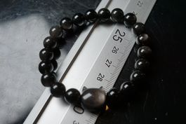 Silber  Obsidian   Kugel  Armband Mit Katzenkopf  8mm