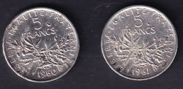 2 Pieces de Argent de 5 Francs
