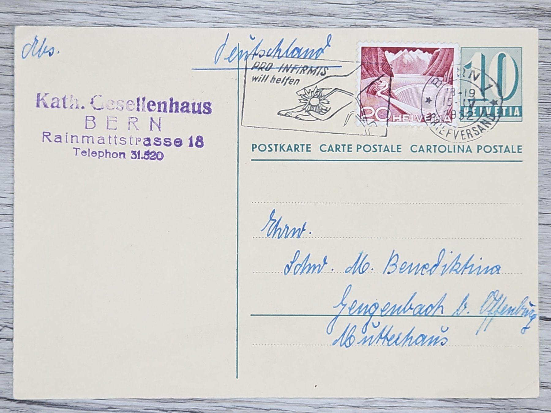Tutti i francobolli: CL16 Carte Postale + Timbre Suisse 1952 – Usato da Cousset venduto da Patrick_Collections