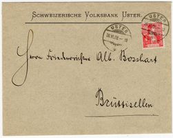 Perfin S.V./U. auf Bankenbeleg von USTER nach BRÜTTISELLEN