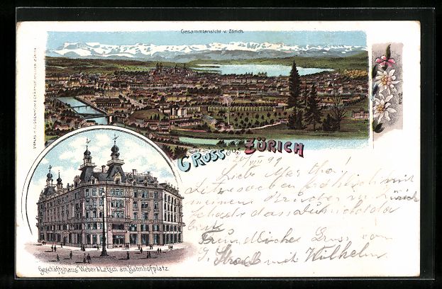 Ansichtskarten: Litho Zürich, Gesamtansicht, Geschäfts – Gebraucht aus Berlin von bartko-reher