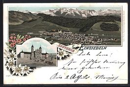 Litho Einsiedeln, Kloster, Panorama mit 