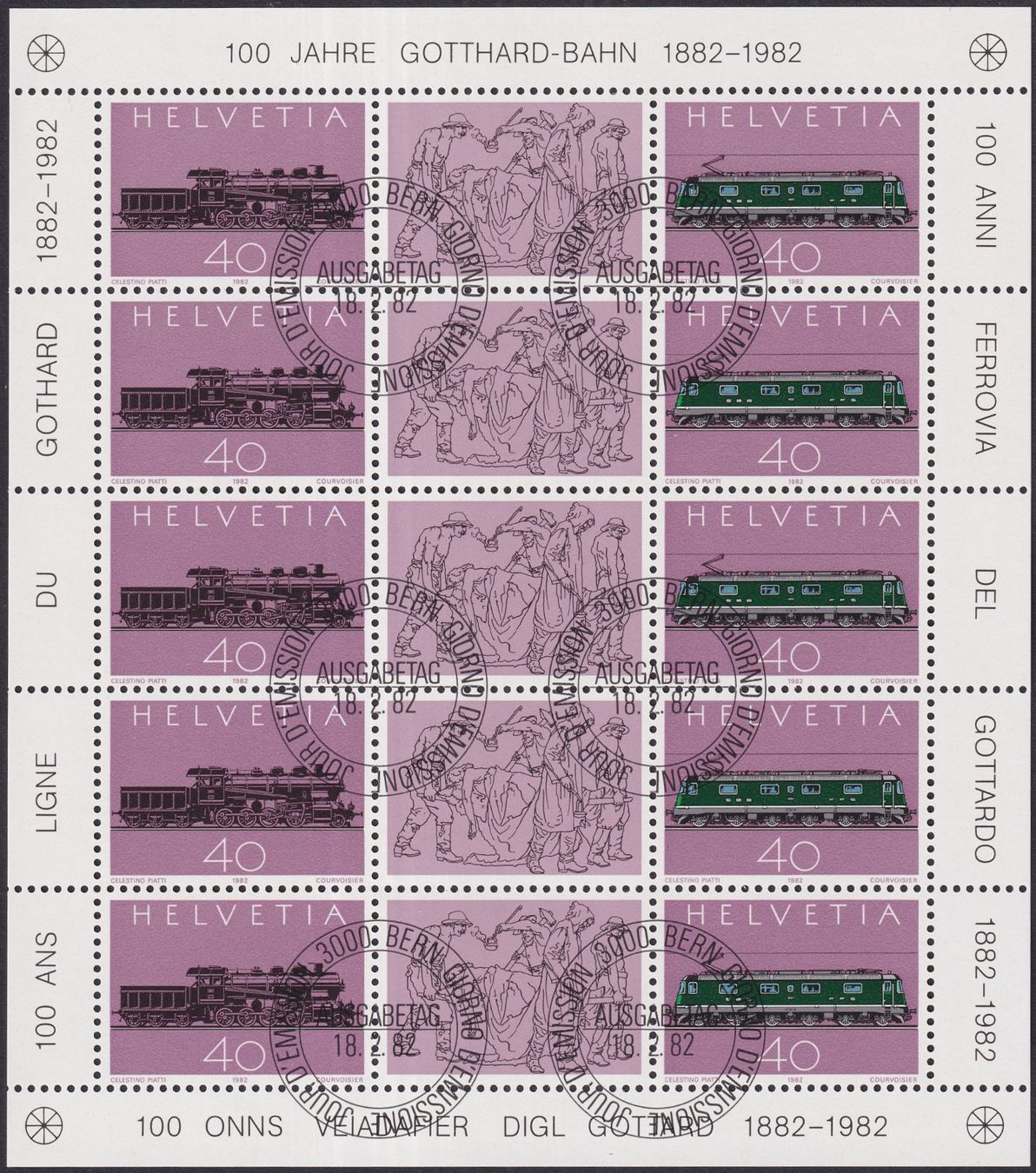 Tutti i francobolli: 1982, SO75 Kleinbogen (100. J. Gotthardbahn) mit ET-Stempel. – Usato da Sursee venduto da Luzernerraute