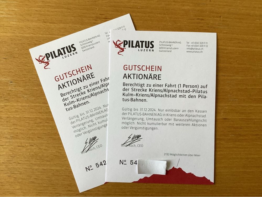 2 PilatusBahn Gutscheine gültig bis 31.12.2024 Kaufen auf Ricardo