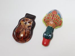 2x Blech Knackfrosch Eule Ente Klicker