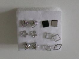 6 Ohrstecker silberfarbig (Herz, Stern, Lippen, Viereck)
