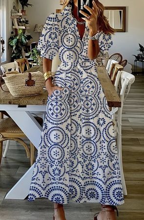 Abito estivo-viscosa👌con cintura, fantasia blu e bianco