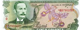 Costa Rica 5 Colones 1989 P-236d UNZ