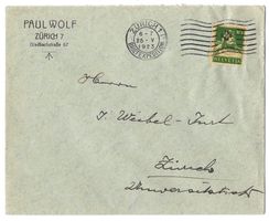 1923 Firmenbrief Paul Wolf Zürich 7 mit 10 Rappen Tellmarke