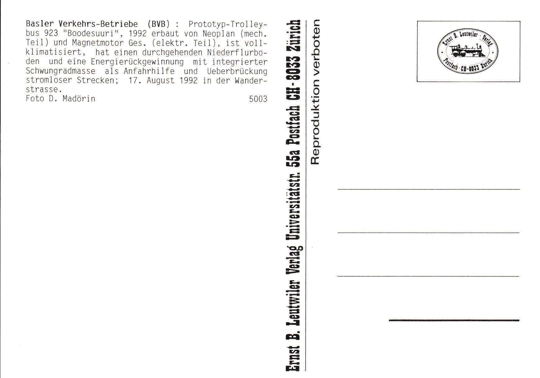Cartoline postali: Trolleybus / Obus Basel BVB Neoplan 923 – Usato da Ettingen venduto da Pantograph163 1