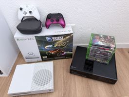 Xbox One S et Xbox One avec jeux et manettes