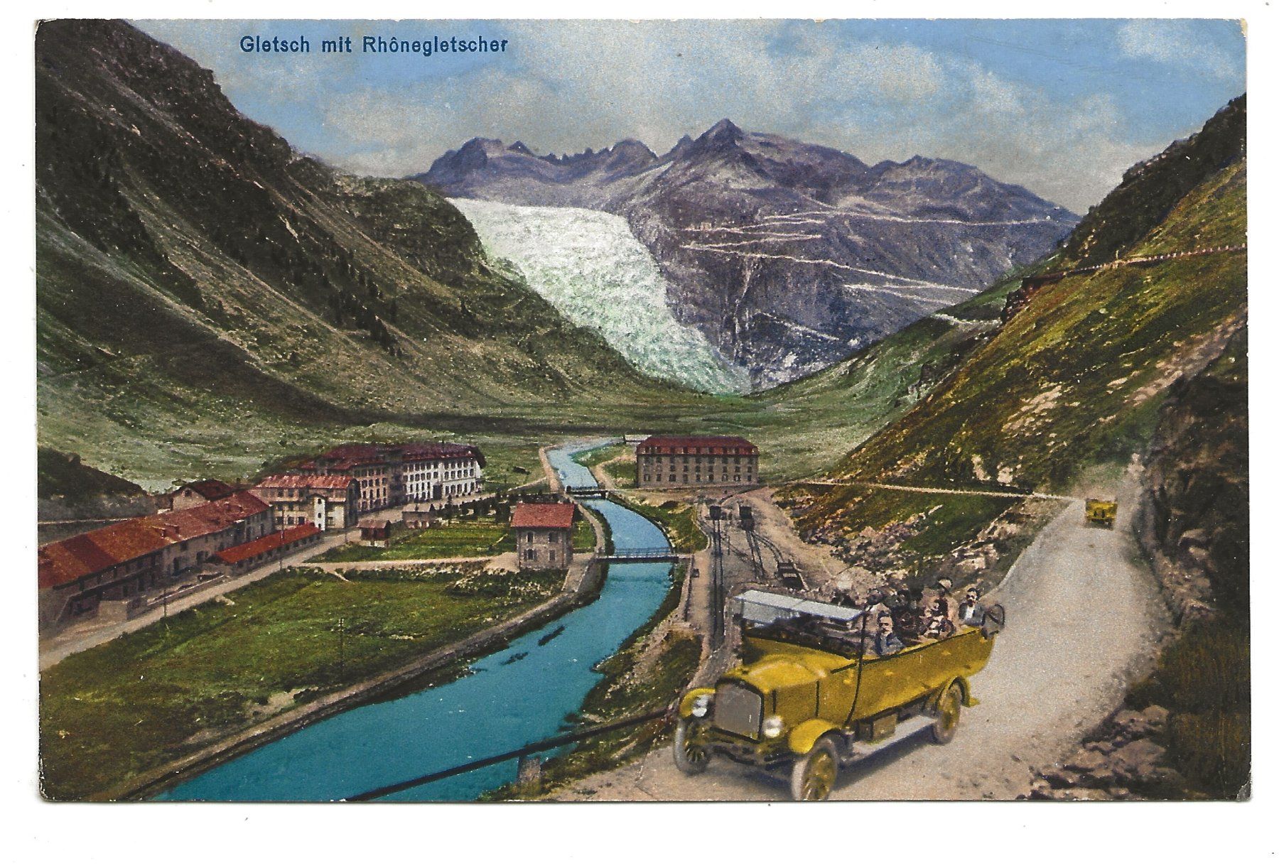 Cartoline postali: Gletsch Grimselstrasse BE/VS Rhonegletscher - Postauto 1931 – Usato da Engelburg venduto da Cartophil