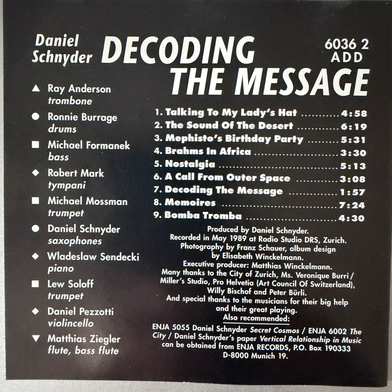 CDs: Daniel Schnyder – Decoding The Message (CD Enja) 1990 Soloff – Gebraucht aus Zug von Mirare9 1