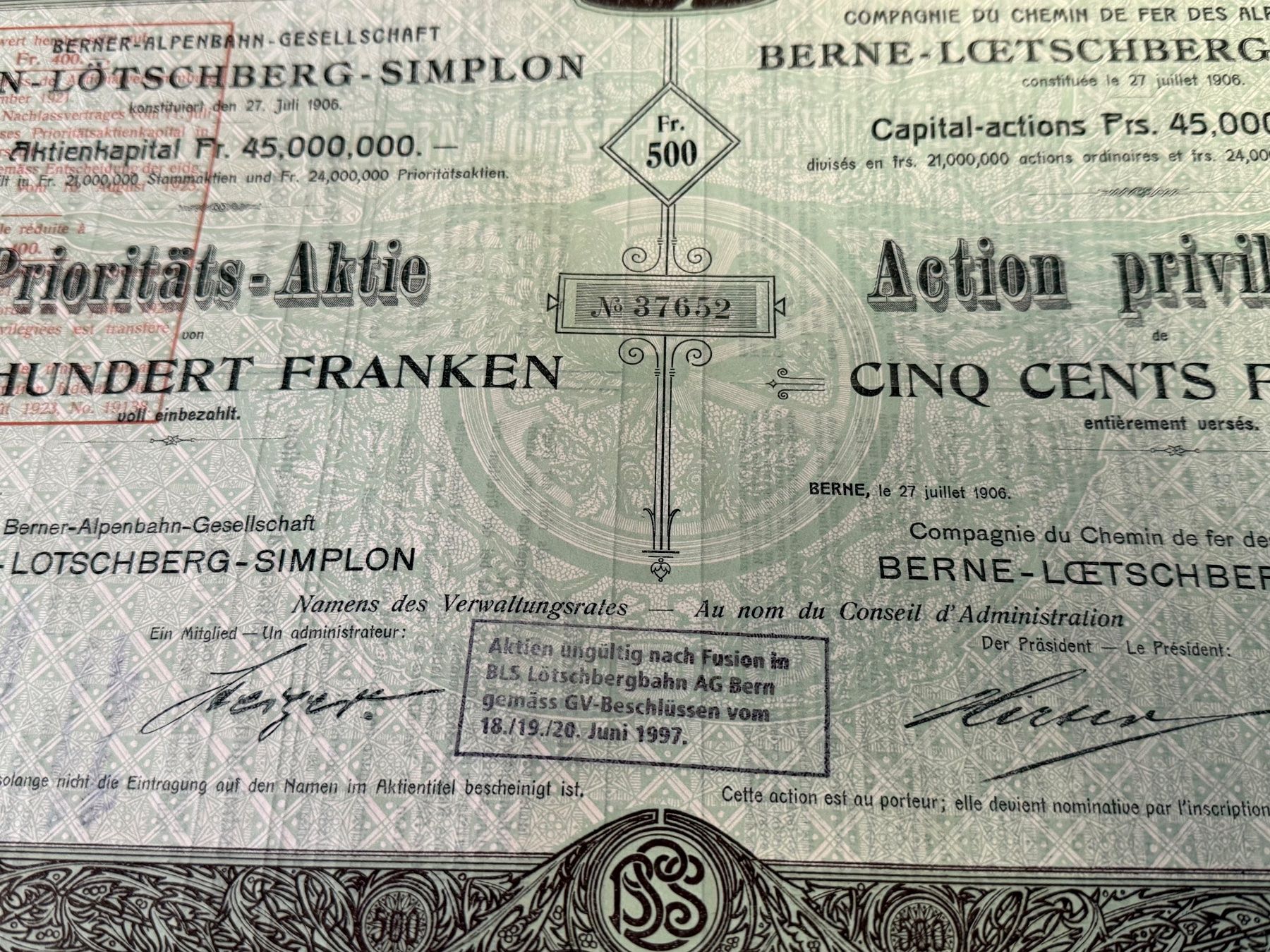 Documenti: Alte Aktie BLS Bern-Lötschberg-Simplon Bahn Eisenbahn 500.-- – Usato da Bern venduto da Jwpm66 1