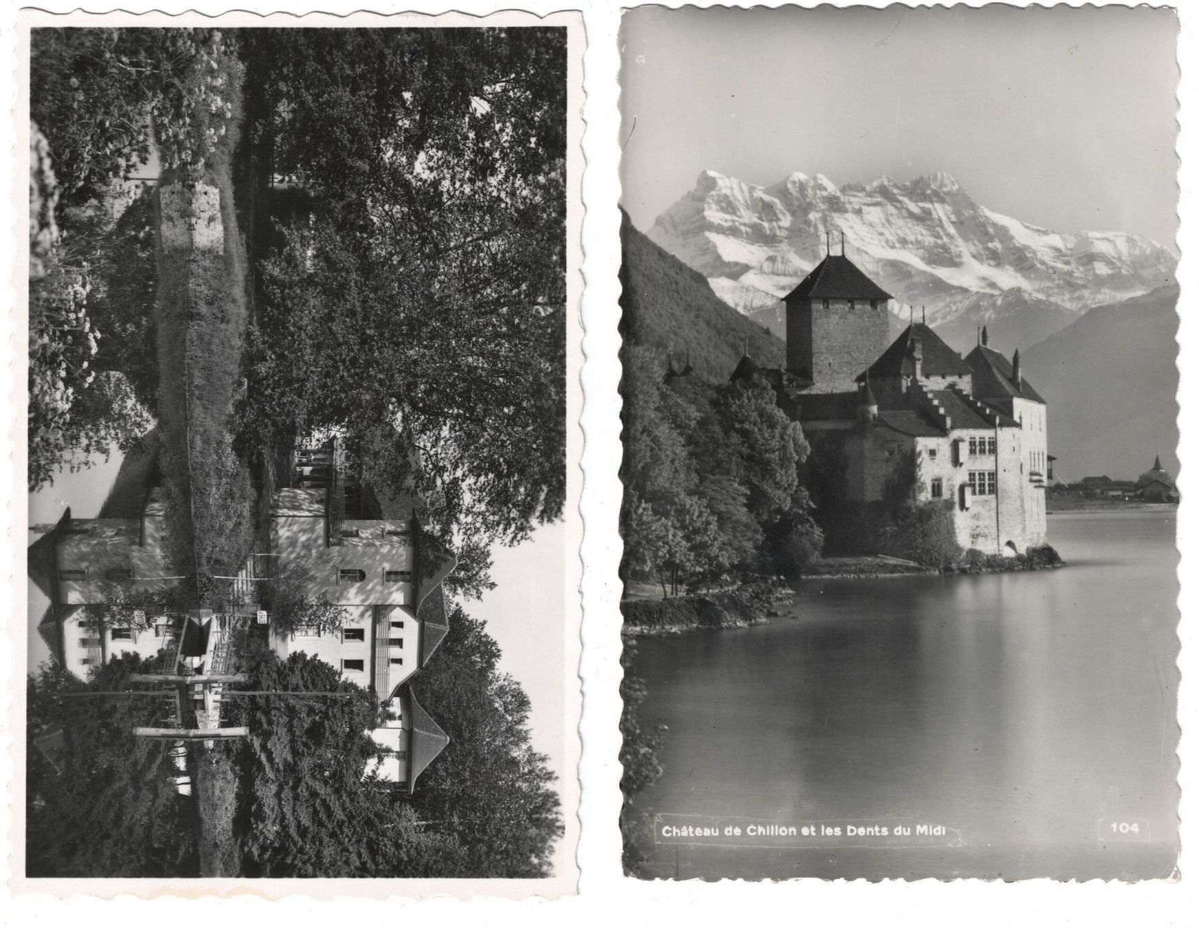 Cartoline postali: 2 Ansichtskarten (Château de Chillon, Rest. La Sauge, Broye) – Usato da Küsnacht ZH venduto da scholli58