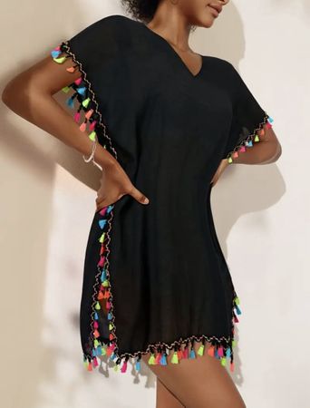 Schwarze Tunika mit bunten Quasten - Sommer, Strand!