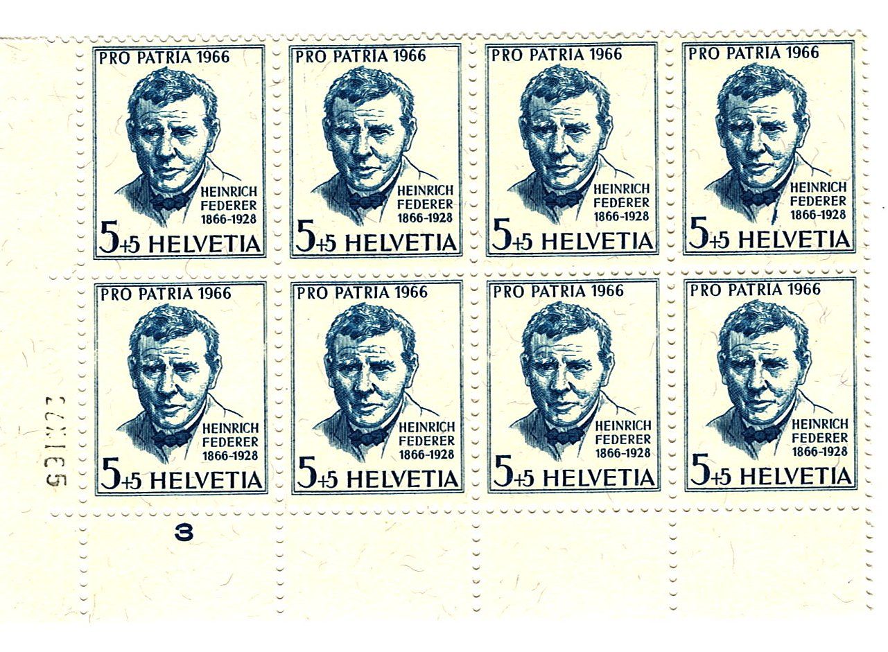 Tutti i francobolli: 8er Block Pro Patria 1966 Heinrich Federer Plattenfehler – Nuovo (secondo la descrizione) da Lichtensteig venduto da B-B-Bier