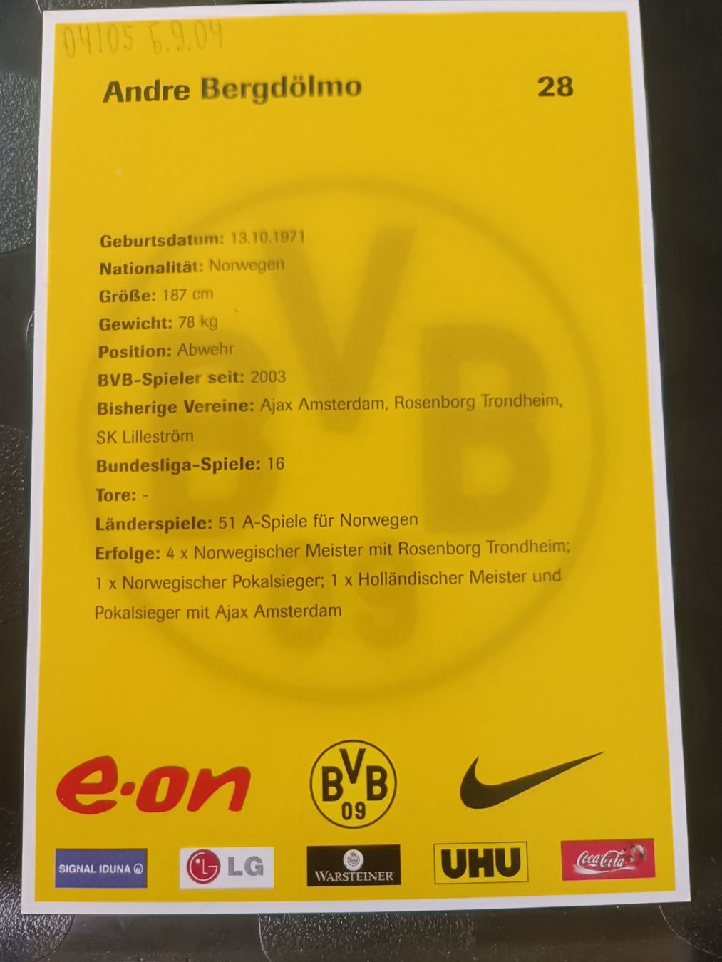 Autografi: André  Bergdölmo - BVB - Handsignierte alte Karte – Usato da Menziken venduto da Artographs 1