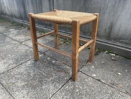 Ancien Tabouret en Bois avec Assise en Paillage