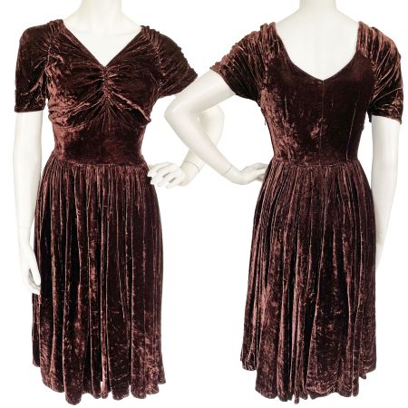 Kleid Pannesamt braun Vierzigerjahre Gr. XS VINTAGE 1940s
