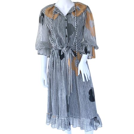 Kleid  lA Chiffon schwarz-weiss S/M Streifen gr Blumen 1970s