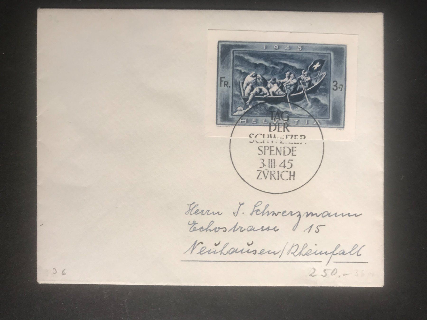 Alle Briefmarken: Schweiz 1945 3+7Fr. aus Spendeblock Sonderstempel – Gebraucht aus Liestal von schnueps