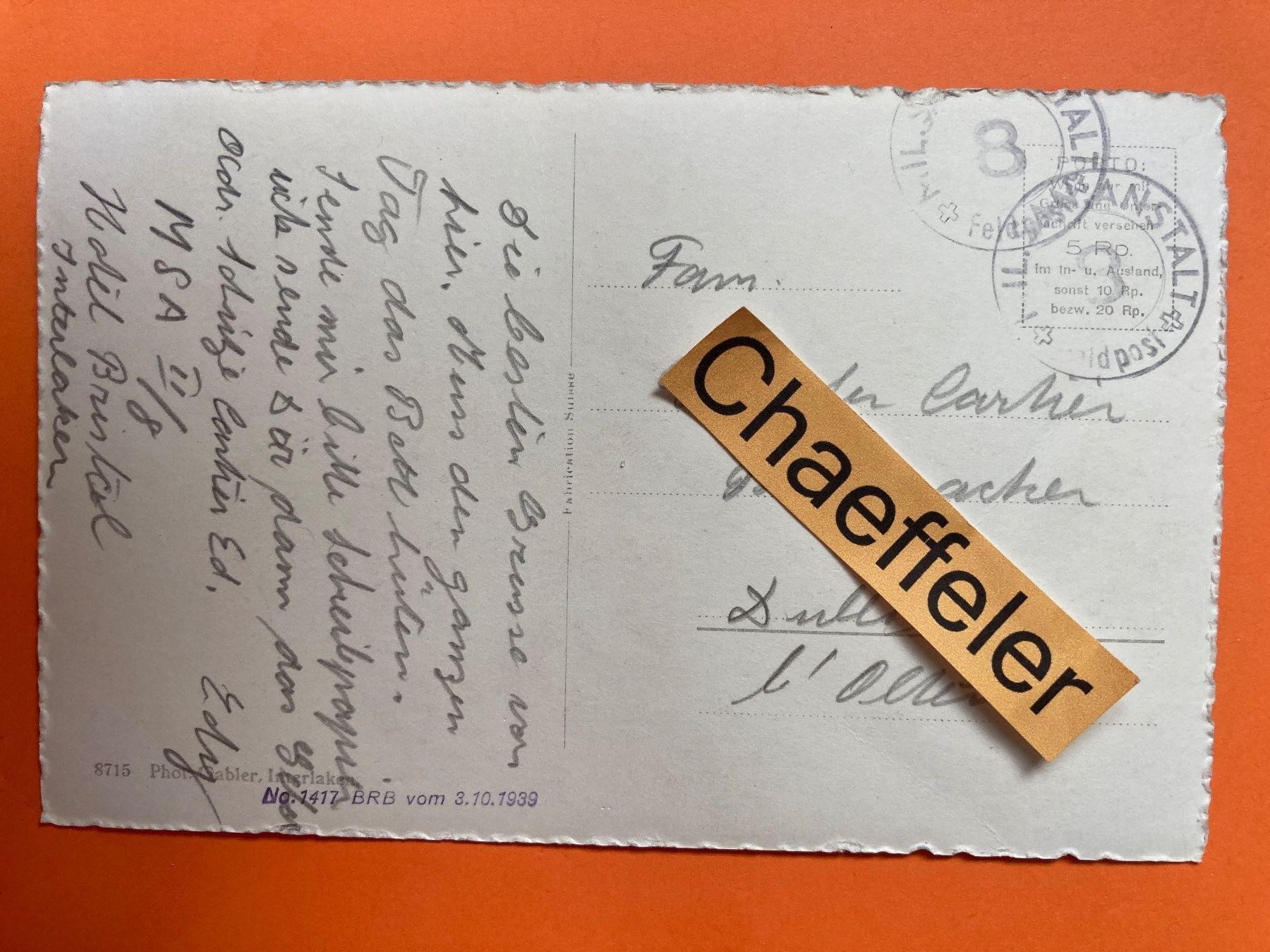Cartoline postali: Interlaken. Feldpost – Usato da Zürich venduto da Chaeffeler 1