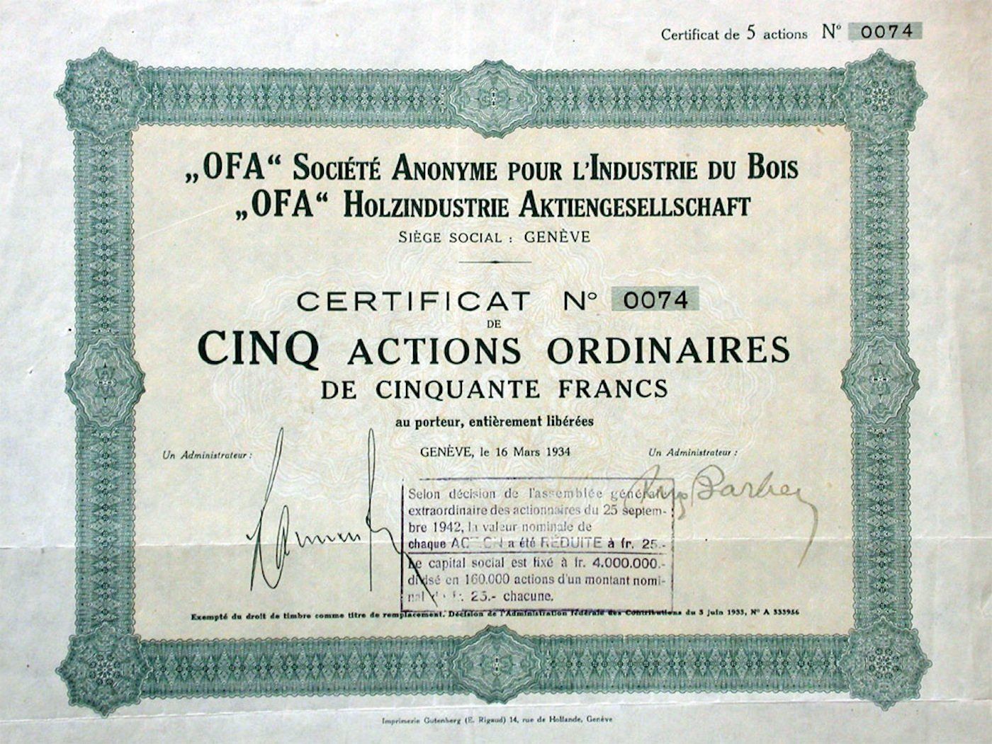 Documenti: OFA Holzindustrie-AG, Genève - 1934 – Usato da Solothurn venduto da Sgasche