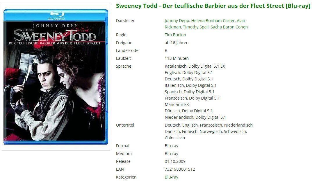 Tutti i DVDs: Sweeney Todd (Bluray) – Usato da Buchrain venduto da Sssschaller