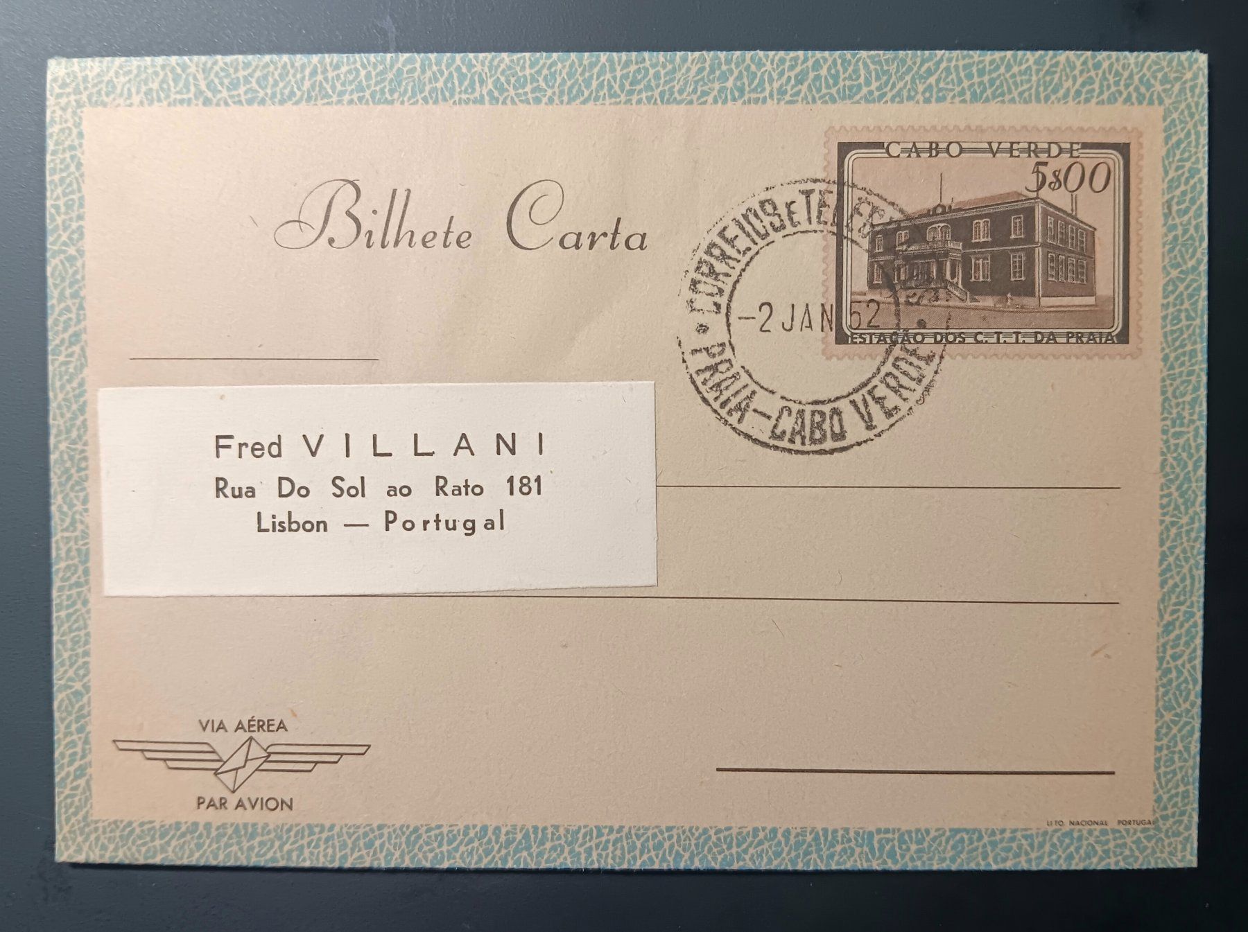 Tutti i francobolli: Cabo Verde Luftbrief nach Lissabon 1952 – Usato da Holderbank AG venduto da DINOS-PHILA
