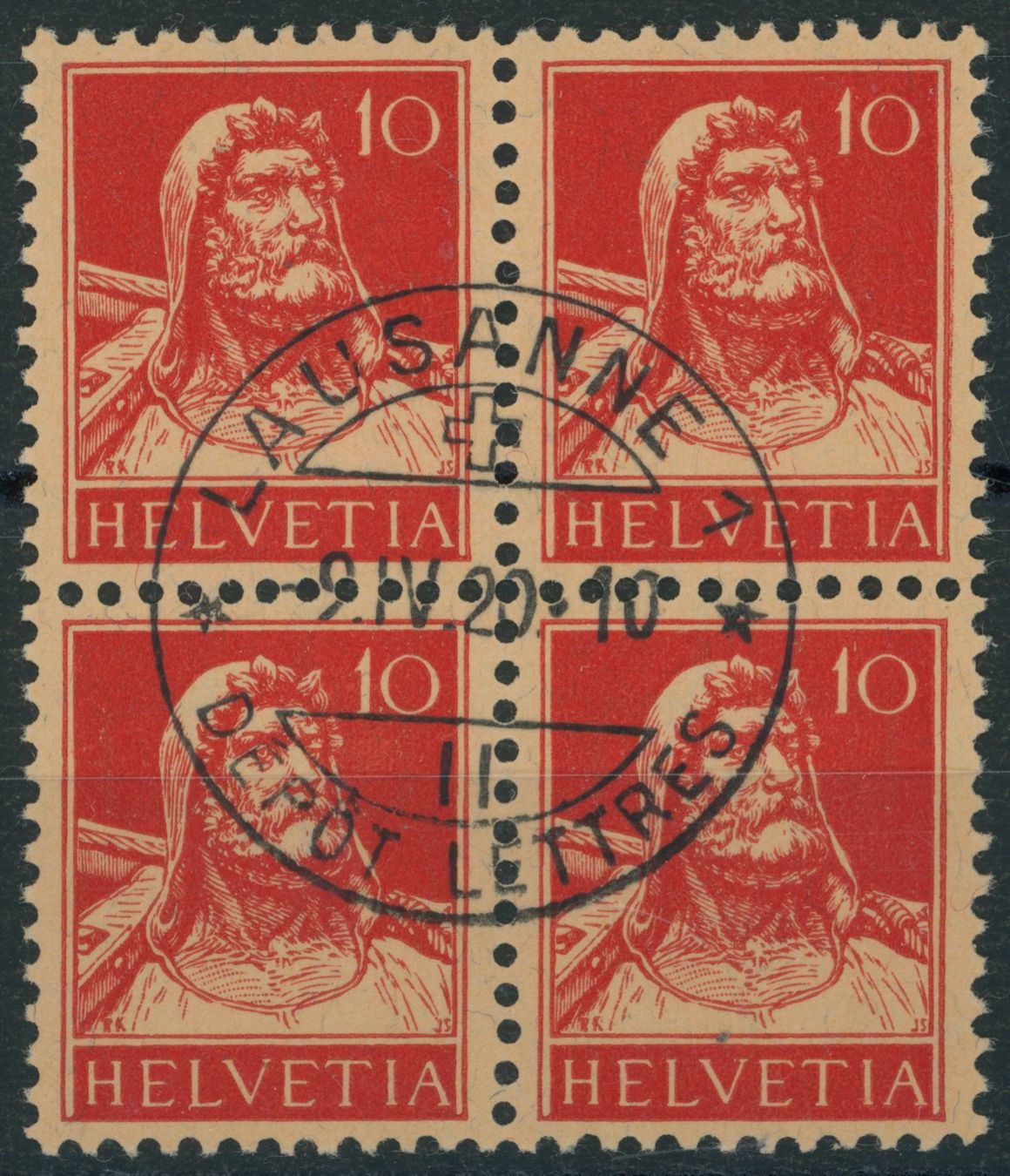 Tutti i francobolli: 1914 - Tellbrustbild TypeI - Viererblock - gestempelt – Usato da Schindellegi venduto da leecollect