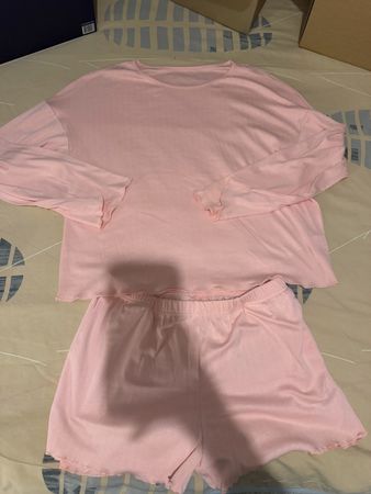 Damen Pyjama Set rosa Langarm Shirt Shorts neuwertig L