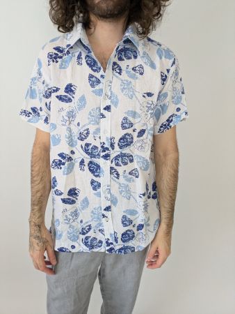 Herren Hemd M, 100% Leinen, Blumenmuster, Weiss/Blau