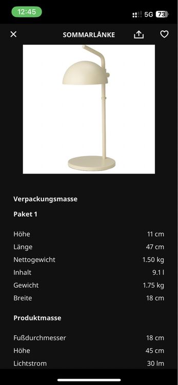 IKEA SOMMARLANKE Dekotischleuchte beige mit Varta Batterien Kaufen