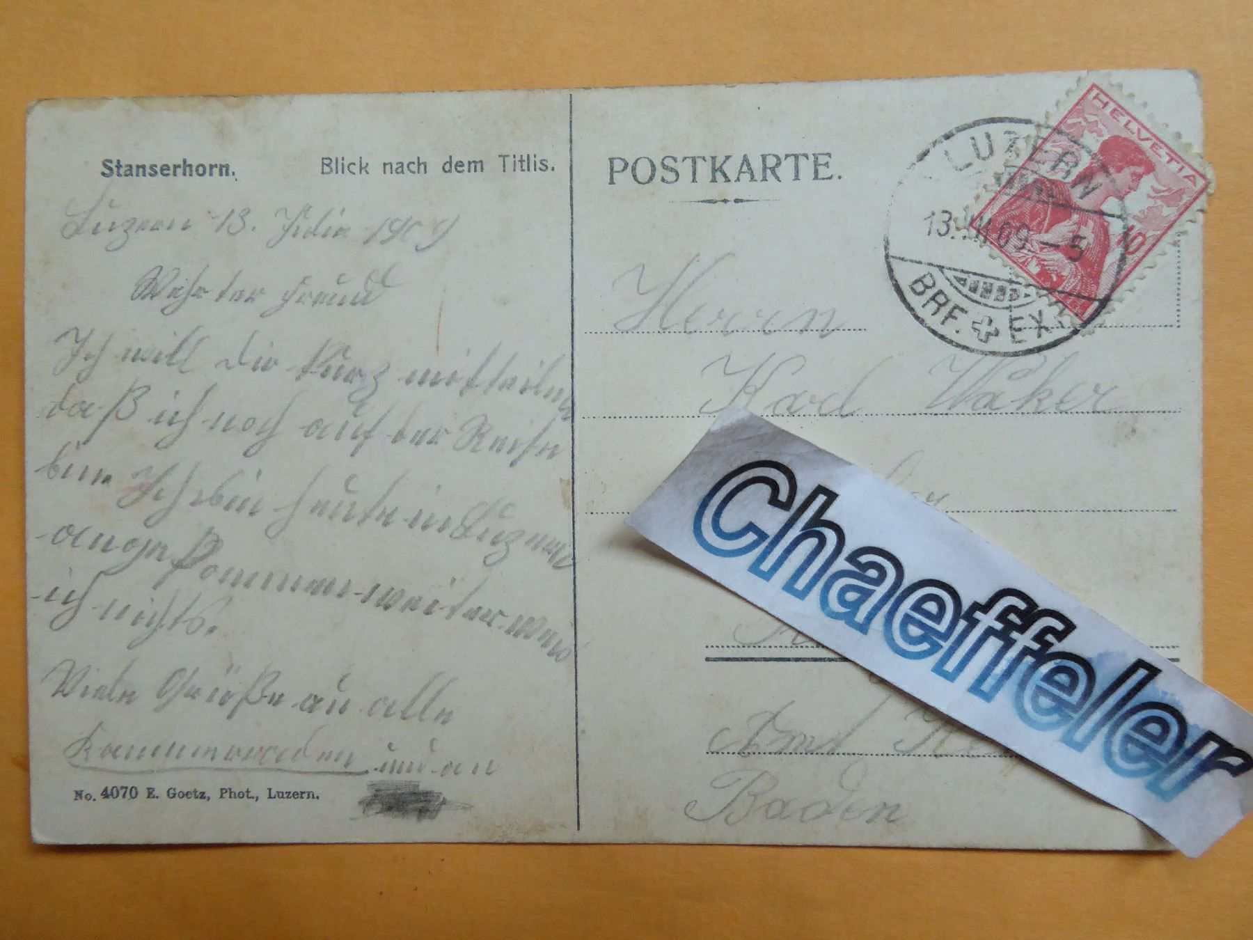 Cartoline postali: 1909 Stanserhorn. Blick nach dem Titlis. – Usato da Zürich venduto da Chaeffeler 1